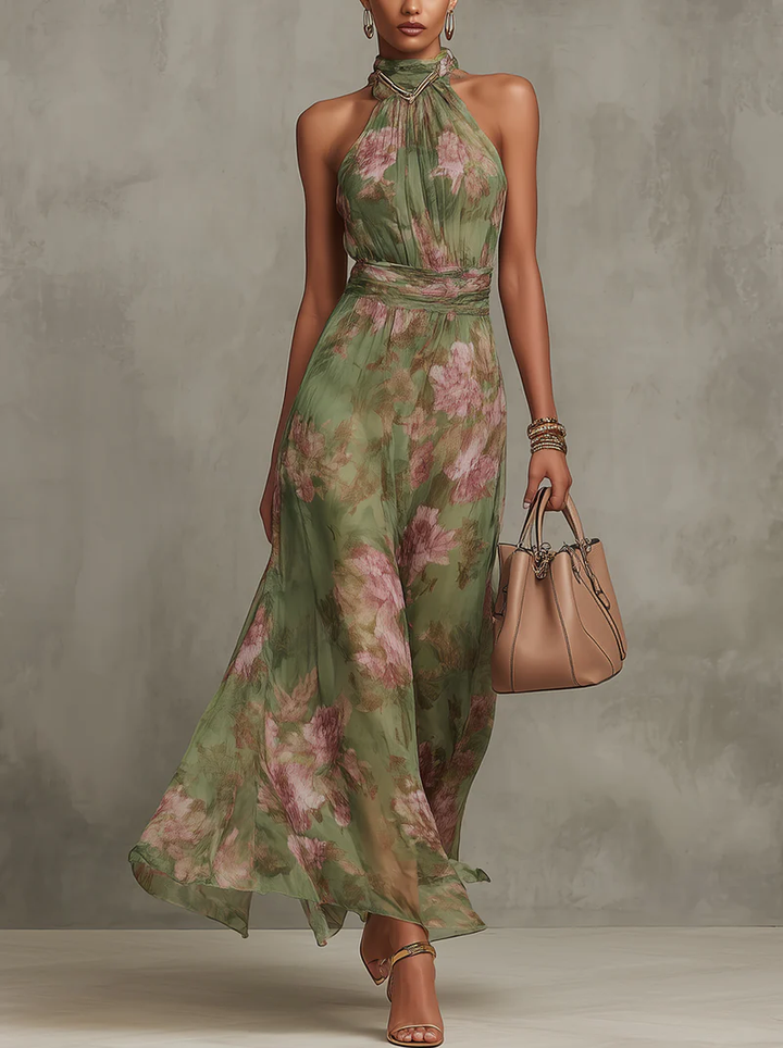 Elodie | Floral Chiffon Gathered Halter Neck Maxi Dress