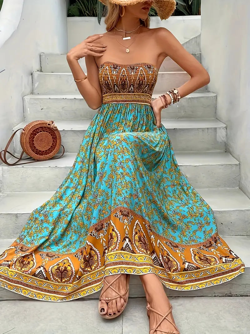 Solène | Boho Bandeau Printed Womens Pleated Midi Dress