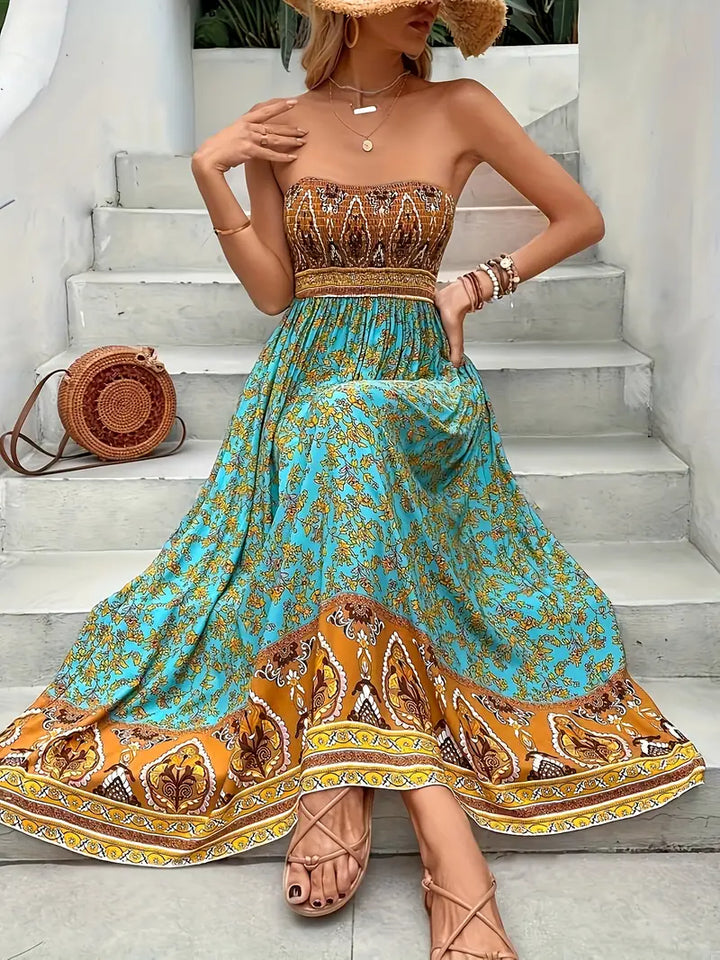 Solène | Boho Bandeau Printed Womens Pleated Midi Dress