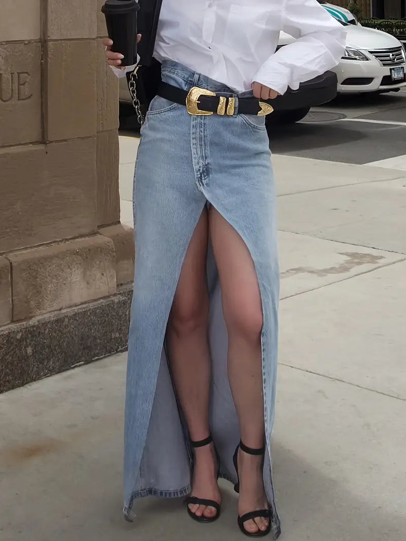 Dakota | High Waist Front Split Denim Maxi Skirt