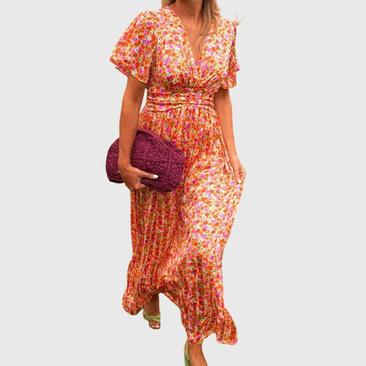 Soleil | Floral Pleated Maxi V-Neck Summer Dress
