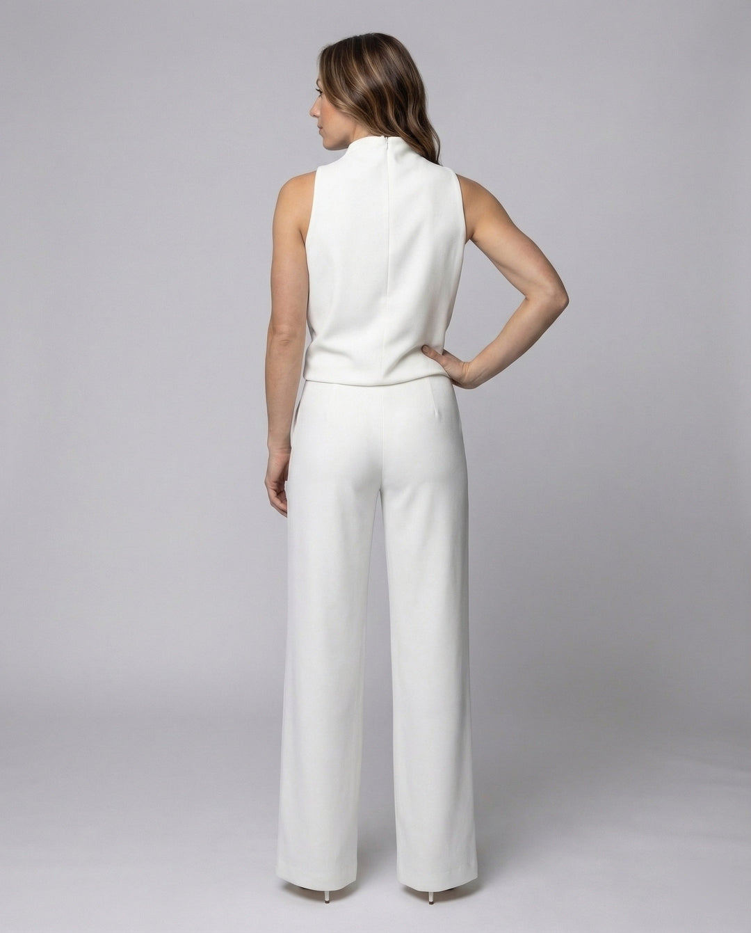 Blanche | Draped Turtleneck Sleeveless Jumpsuit with Wide Leg Trousers