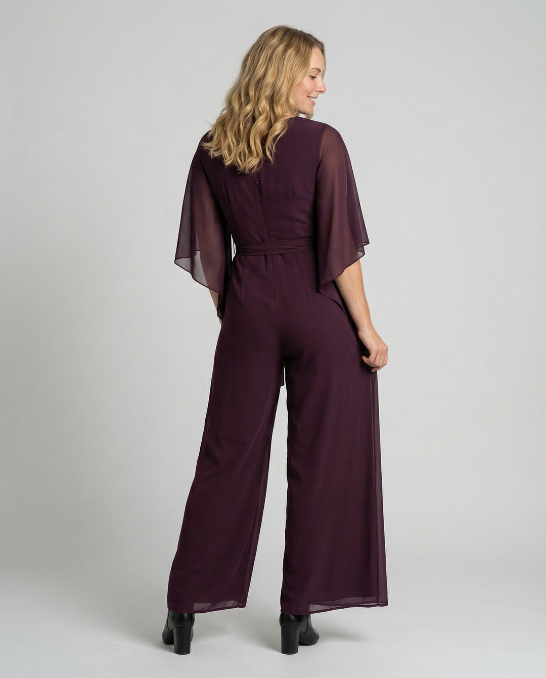 Elodie | Cowl Neck Jersey Jumpsuit with Chiffon Cape Sleeves and Belt