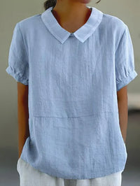 Dovecollar | Contrast Peter Pan Collar Short Sleeve Linen Blouse