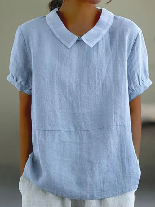 Dovecollar | Contrast Peter Pan Collar Short Sleeve Linen Blouse