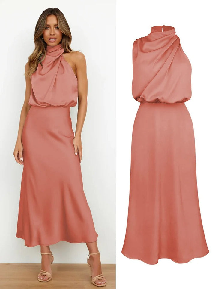Odessa | Cowl Drape Satin Halter Neck Maxi Dress