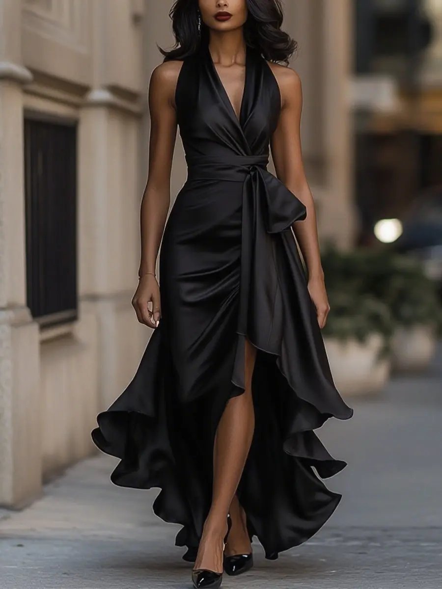 Serafina | Satin Halter Dress Wedding Guest with Bow Waist