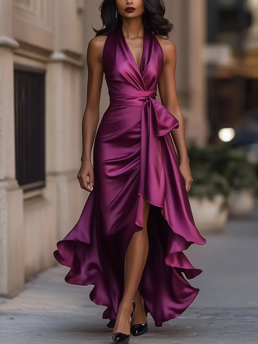 Serafina | Satin Halter Dress Wedding Guest with Bow Waist