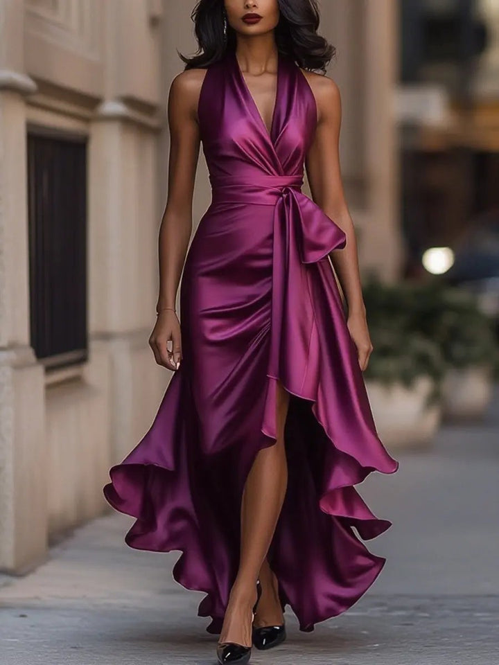 Serafina | Satin Halter Dress Wedding Guest with Bow Waist