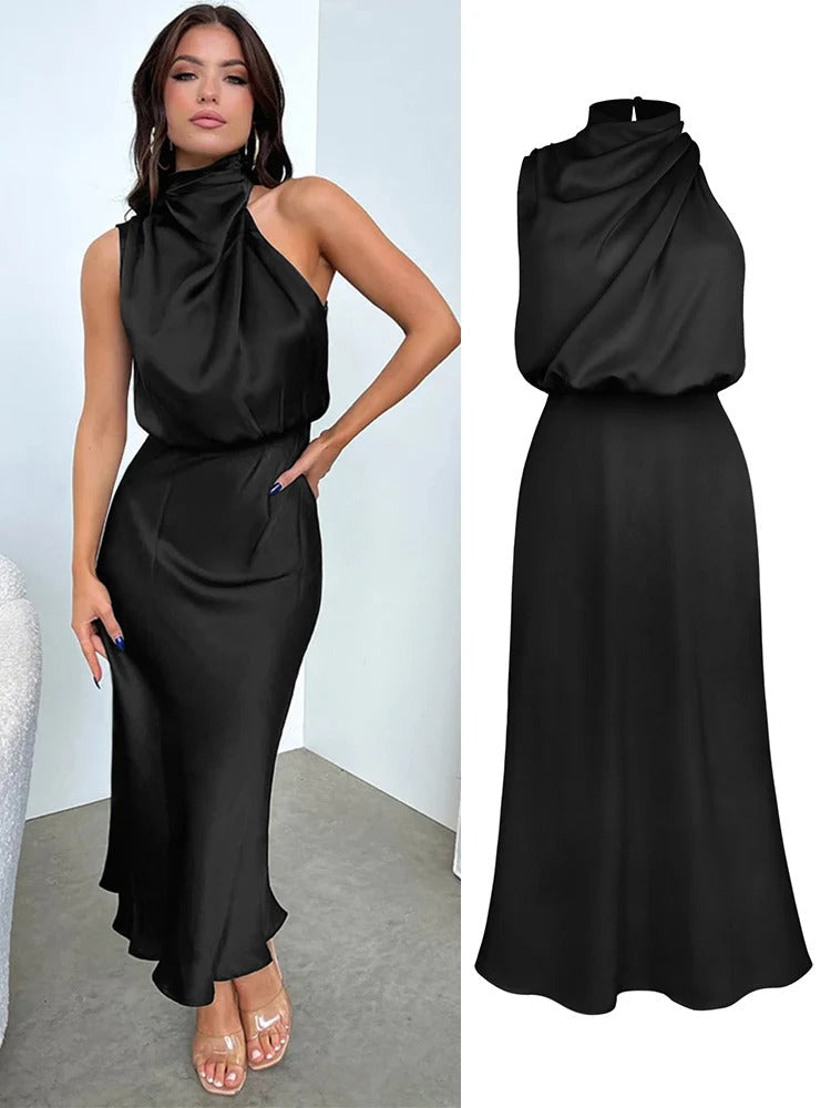 Odessa | Cowl Drape Satin Halter Neck Maxi Dress