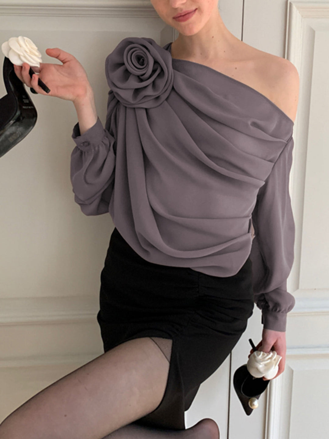 Rosette | One Shoulder Draped Chiffon Off Shoulder Top