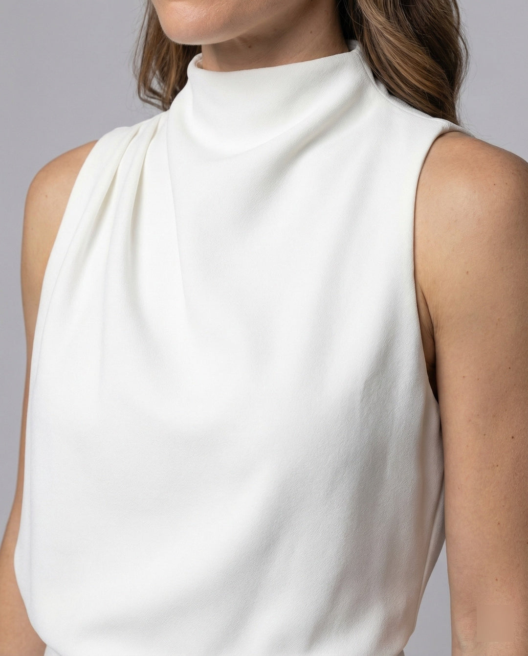Blanche | Draped Turtleneck Sleeveless Jumpsuit with Wide Leg Trousers