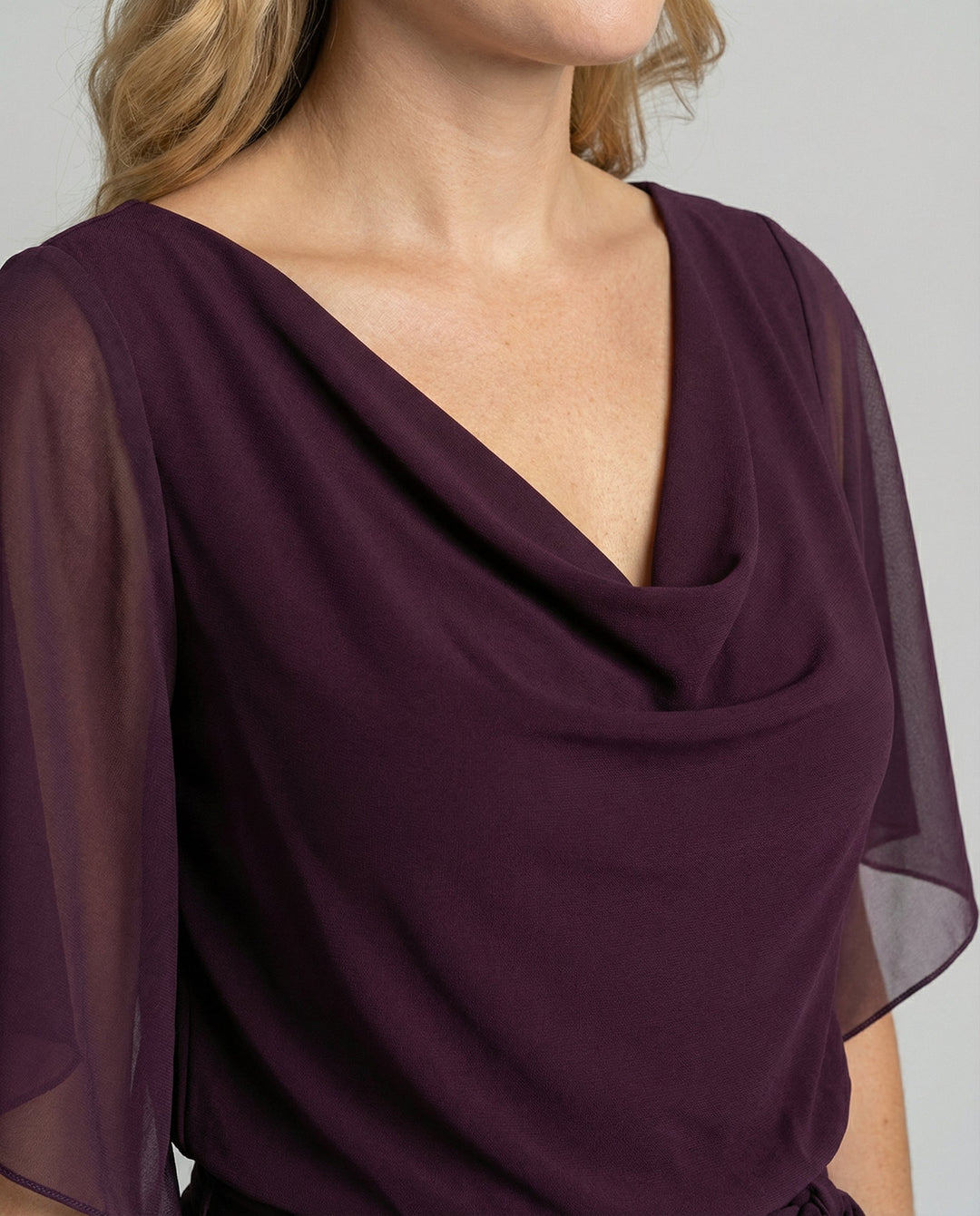 Elodie | Cowl Neck Jersey Jumpsuit with Chiffon Cape Sleeves and Belt