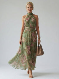 Eloise | Halter Neck Floral Chiffon Maxi Dress with Ruched Waist