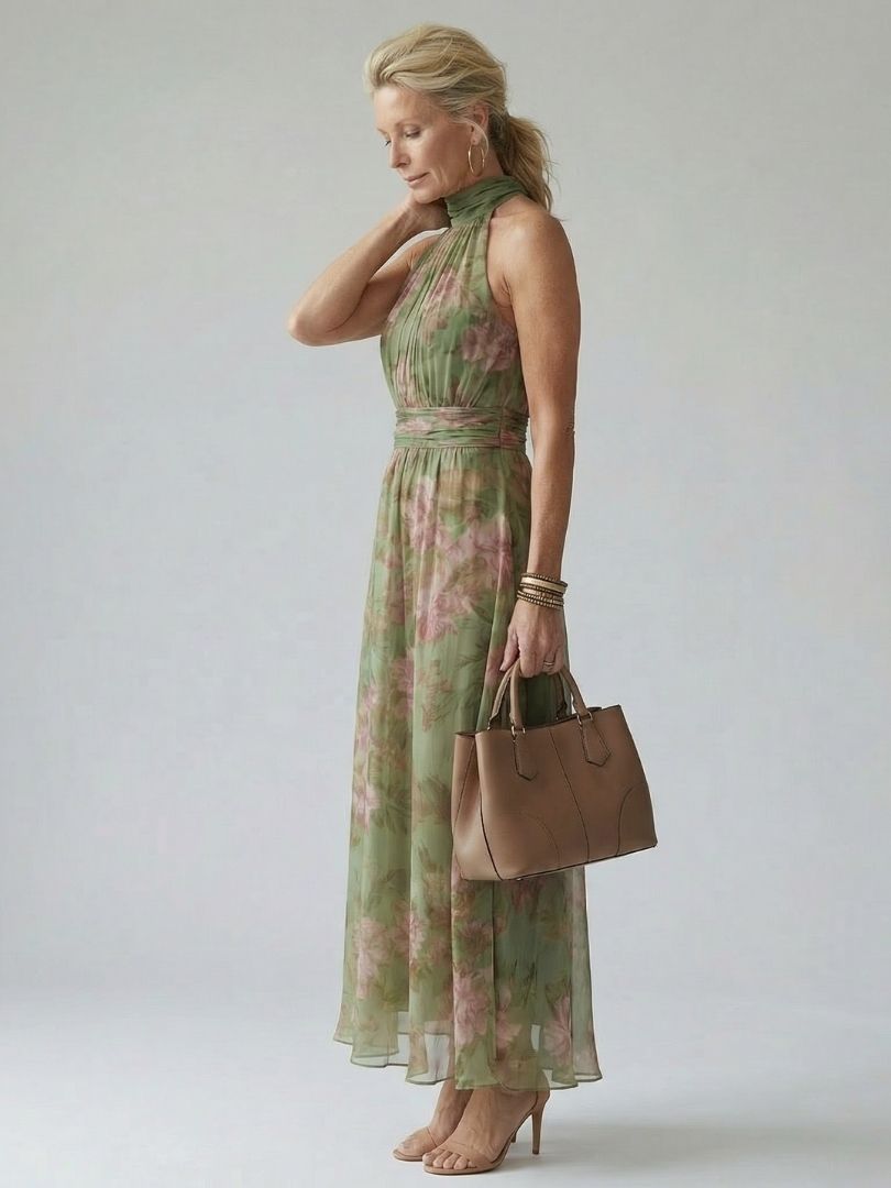 Eloise | Halter Neck Floral Chiffon Maxi Dress with Ruched Waist