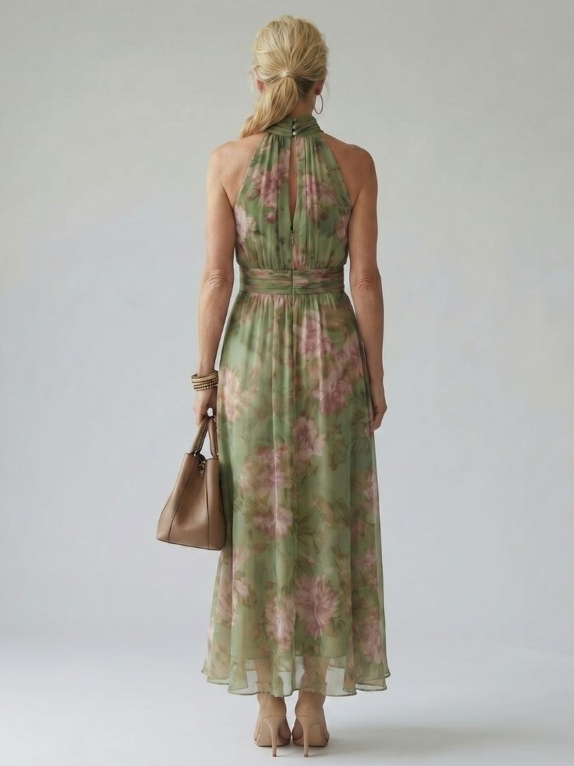 Eloise | Halter Neck Floral Chiffon Maxi Dress with Ruched Waist