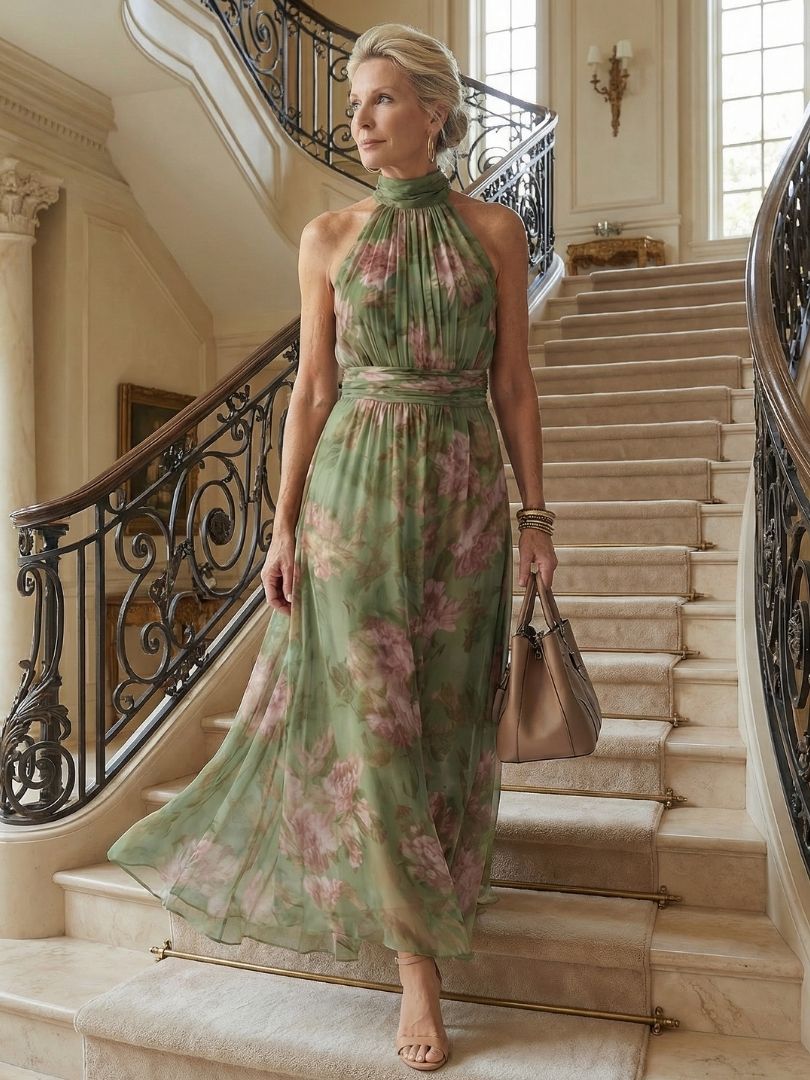 Eloise | Halter Neck Floral Chiffon Maxi Dress with Ruched Waist