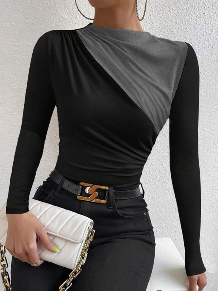 Lena | Colour-Block Ruched Drape Long Sleeve T Shirt
