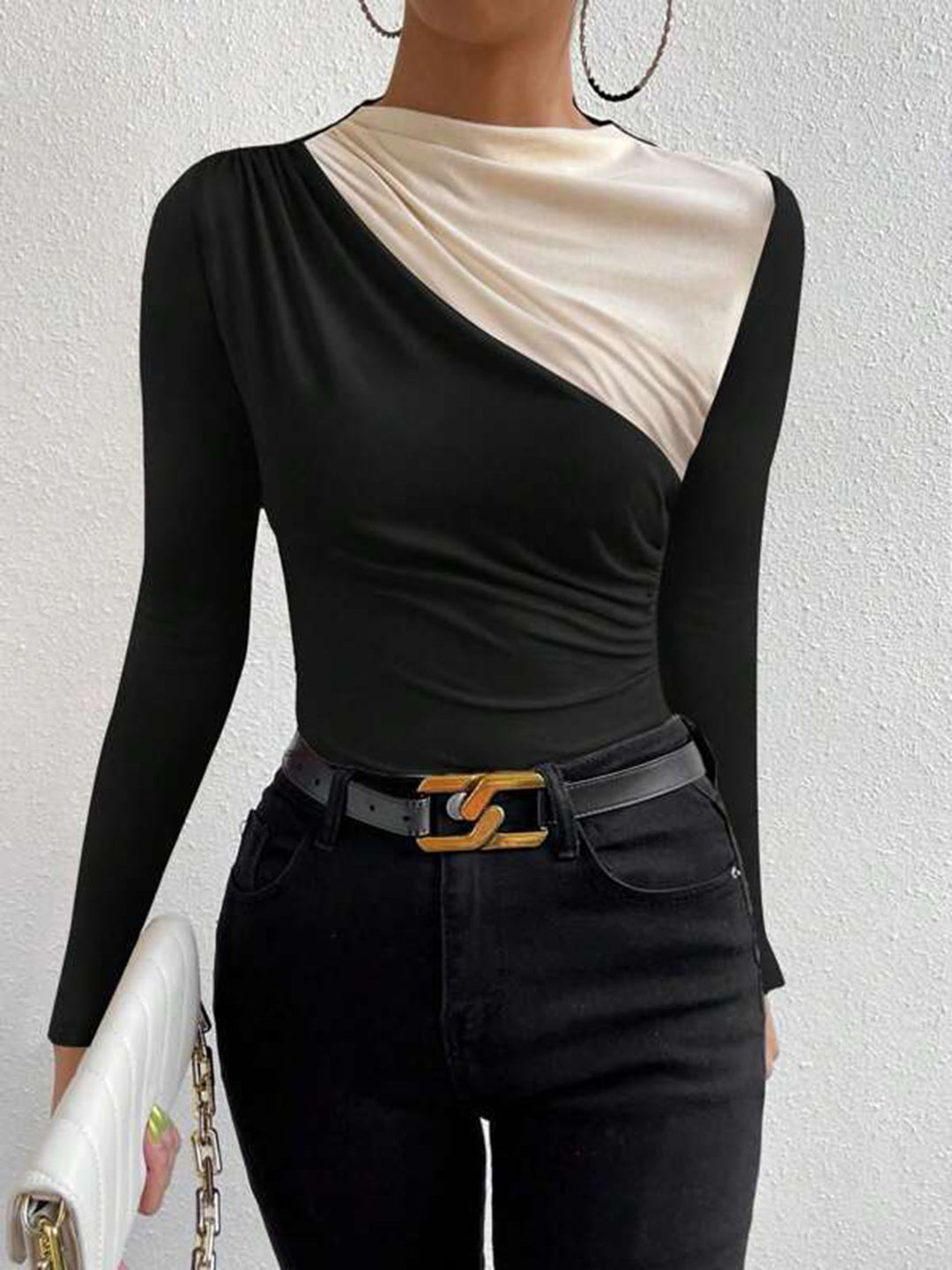 Lena | Colour-Block Ruched Drape Long Sleeve T Shirt