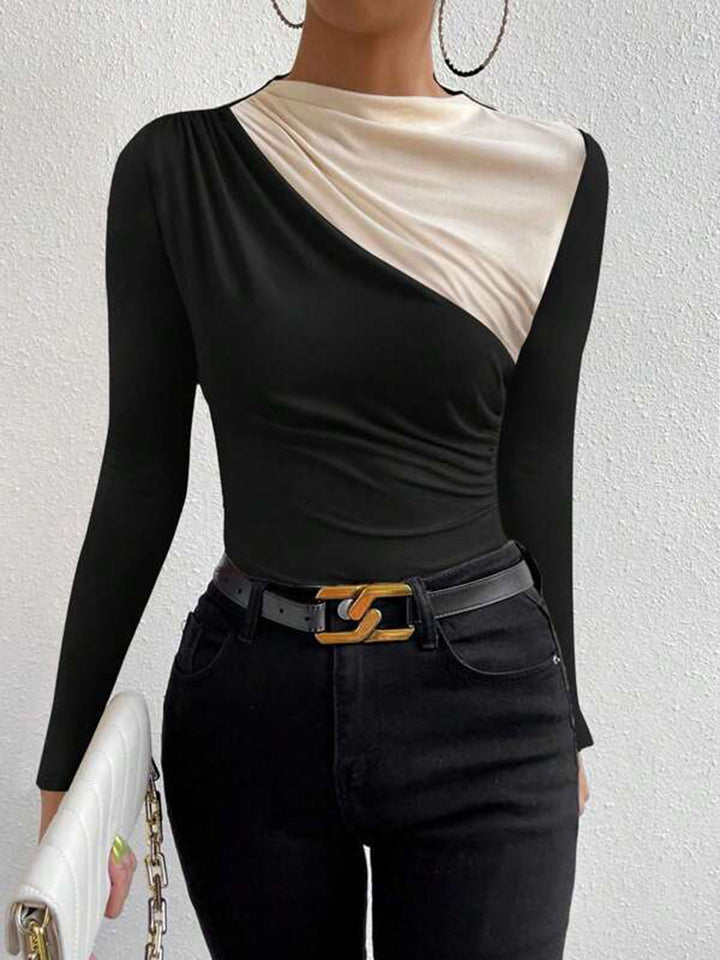 Lena | Colour-Block Ruched Drape Long Sleeve T Shirt