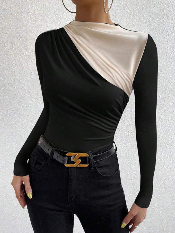 Lena | Colour-Block Ruched Drape Long Sleeve T Shirt