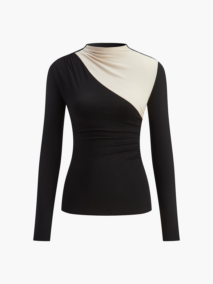 Lena | Colour-Block Ruched Drape Long Sleeve T Shirt
