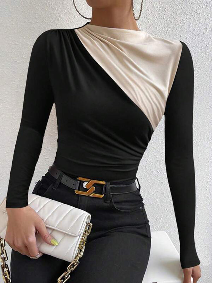 Lena | Colour-Block Ruched Drape Long Sleeve T Shirt