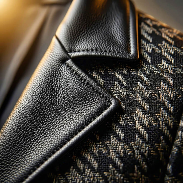 Hawthorne | Houndstooth Blazer with Leather Trim and Gold Zips