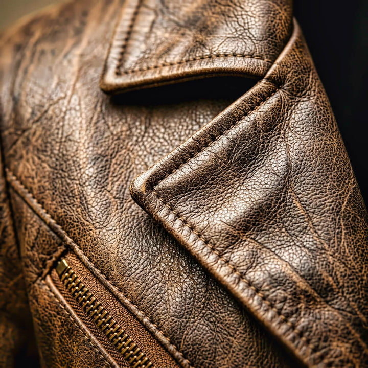 Maverick | Distressed Leather Blazer with Gold Zip Detail