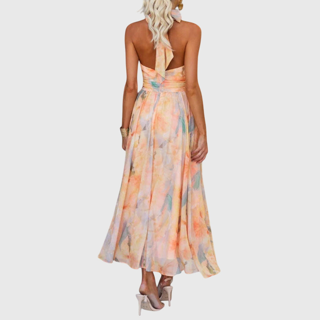 Aurore | Watercolour Ruched Halter Neck Maxi Dress