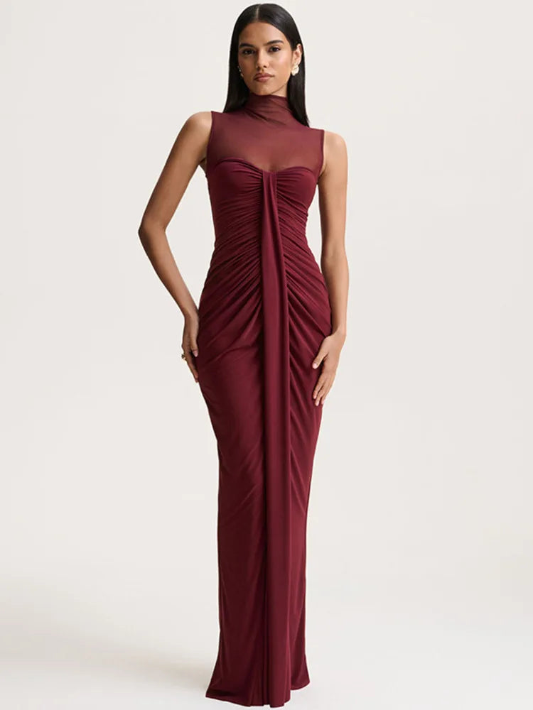 Isadora | Women's Wedding Guest Dress Mesh Neck Ruched Maxi