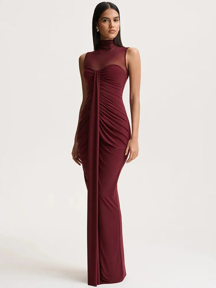 Isadora | Women's Wedding Guest Dress Mesh Neck Ruched Maxi