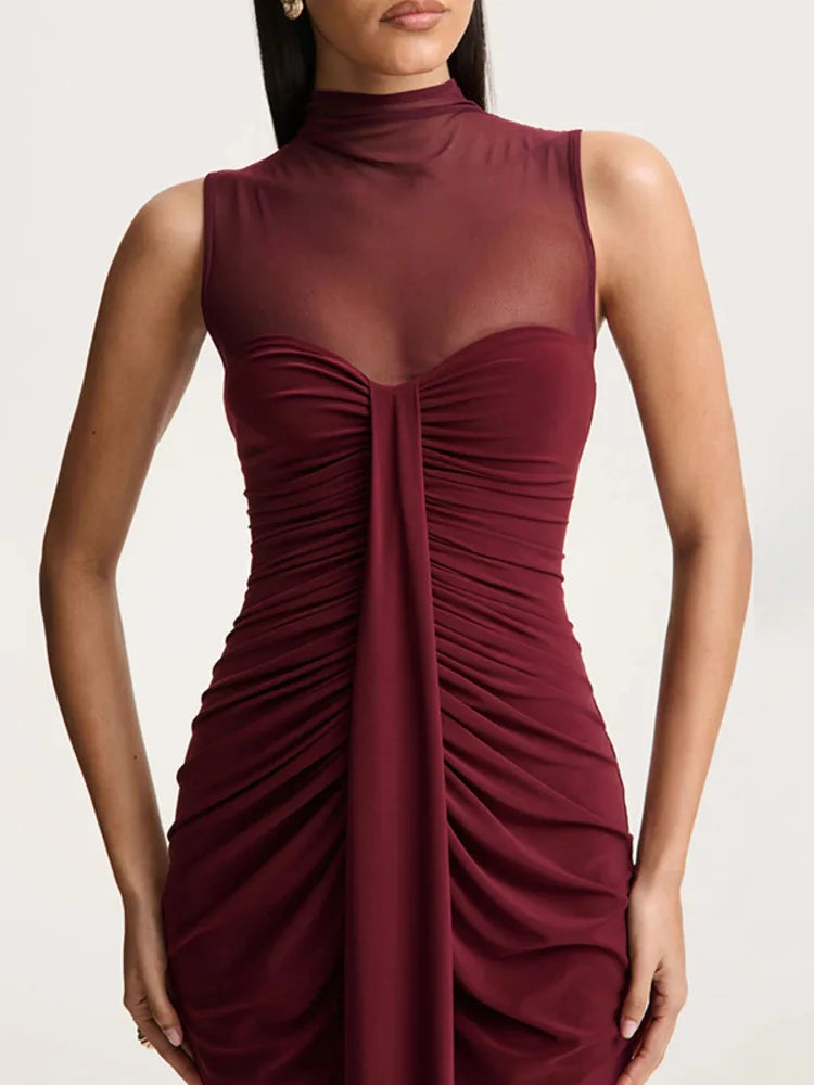 Isadora | Women's Wedding Guest Dress Mesh Neck Ruched Maxi