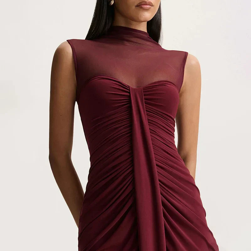 Isadora | Women's Wedding Guest Dress Mesh Neck Ruched Maxi