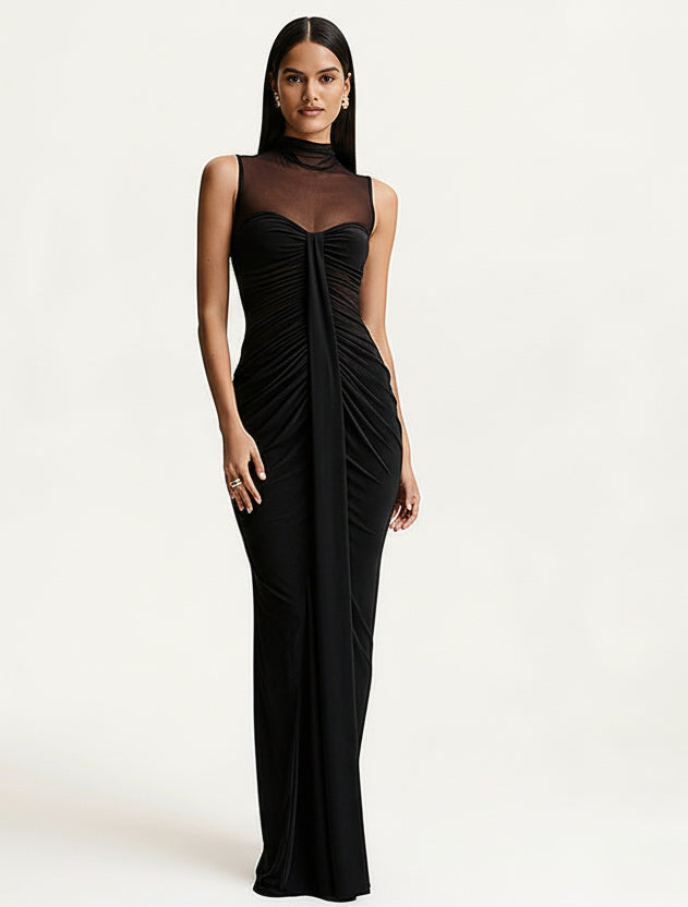 Isadora | Women's Wedding Guest Dress Mesh Neck Ruched Maxi