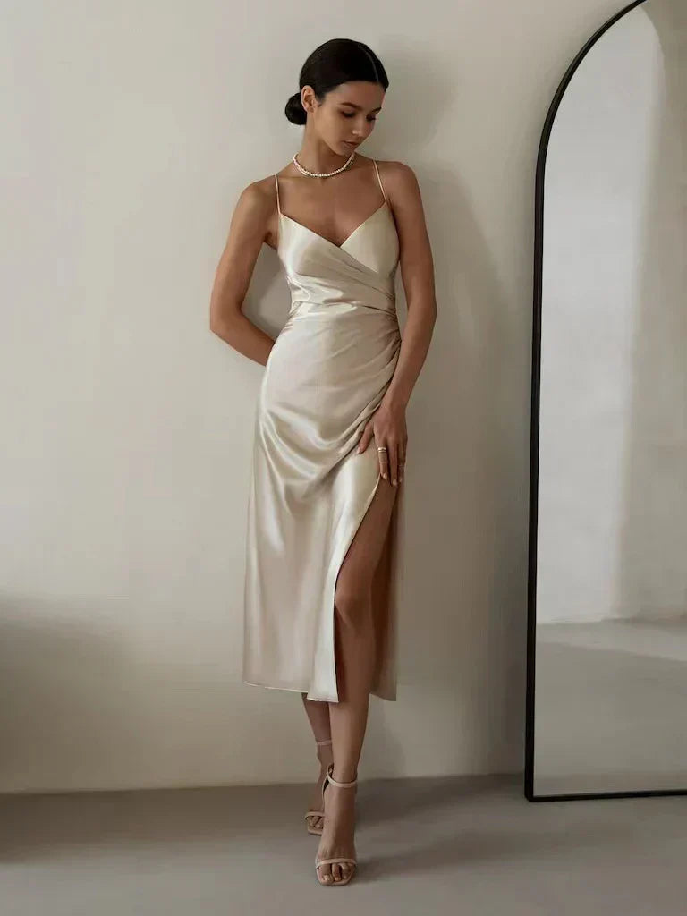 Pearl | Women's Wedding Guest Dress Satin Wrap Split Maxi