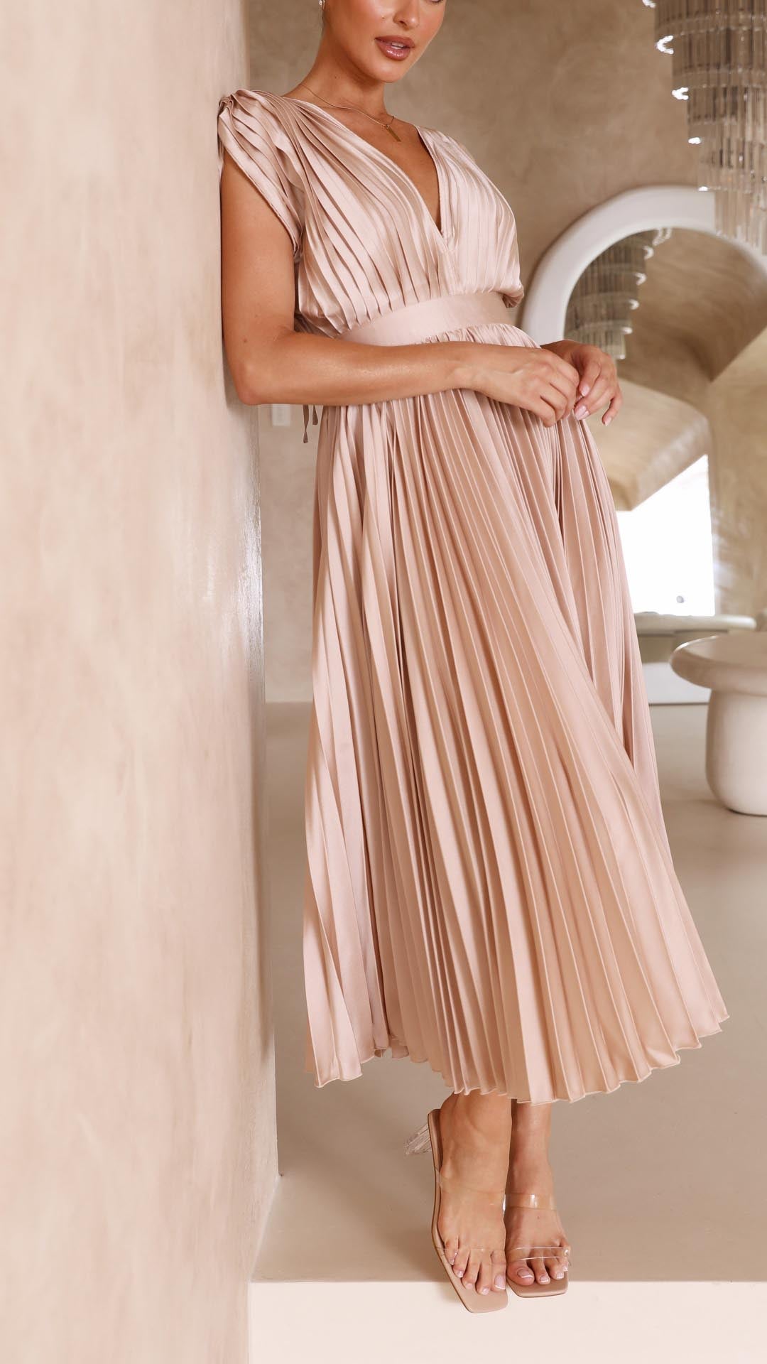 Camille | Women's Wedding Guest Dress Pleated Satin Midi