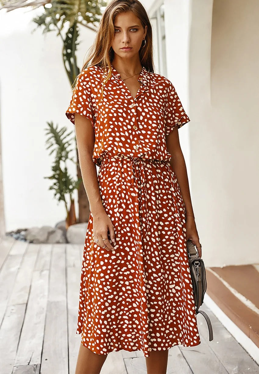 Cosette | Spot Print Drawstring Waist Wedding Guest Dress