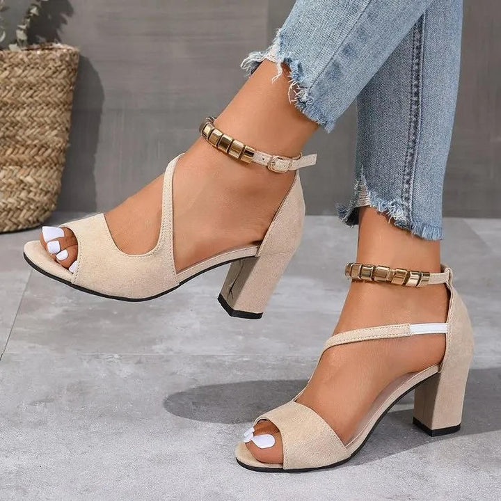 Bijou | Metal Bead Ankle Strap Open Toe Block Heels