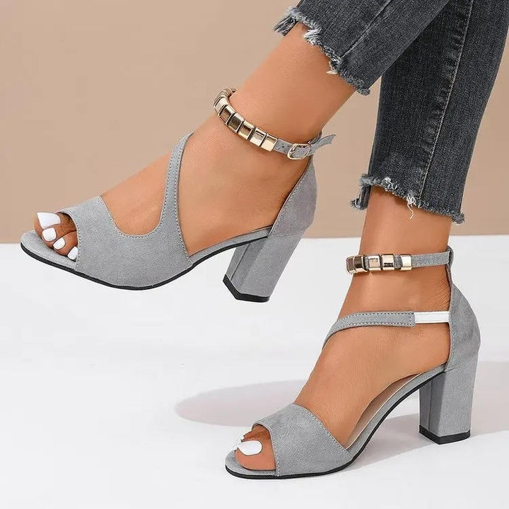 Bijou | Metal Bead Ankle Strap Open Toe Block Heels