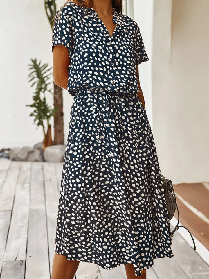 Cosette | Spot Print Drawstring Waist Wedding Guest Dress