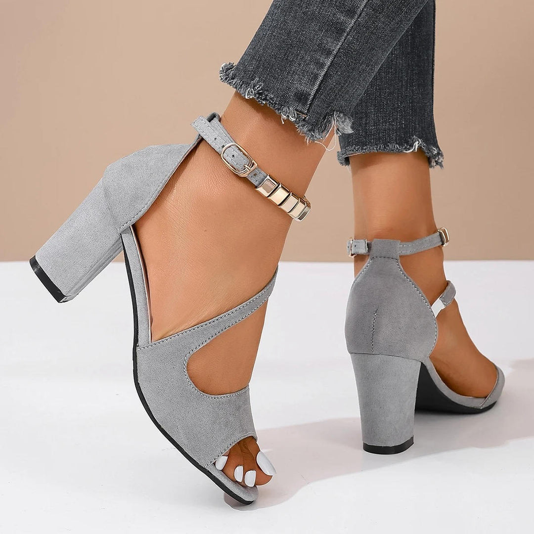 Bijou | Metal Bead Ankle Strap Open Toe Block Heels