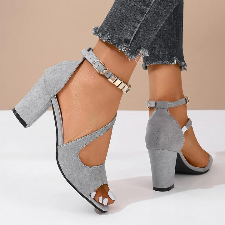 Bijou | Metal Bead Ankle Strap Open Toe Block Heels