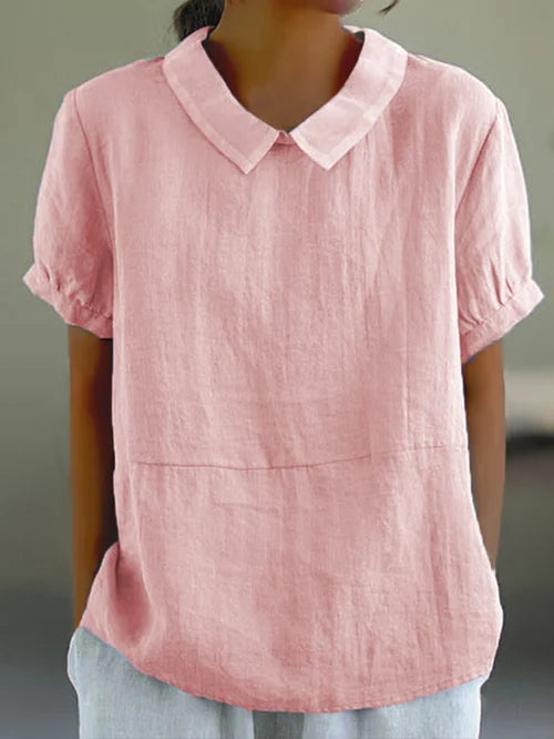 Dovecollar | Contrast Peter Pan Collar Short Sleeve Linen Blouse