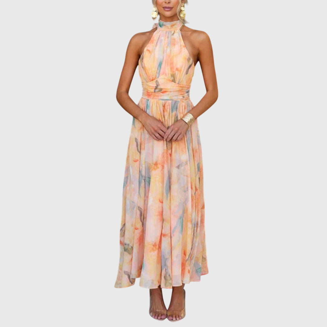 Aurore | Watercolour Ruched Halter Neck Maxi Dress
