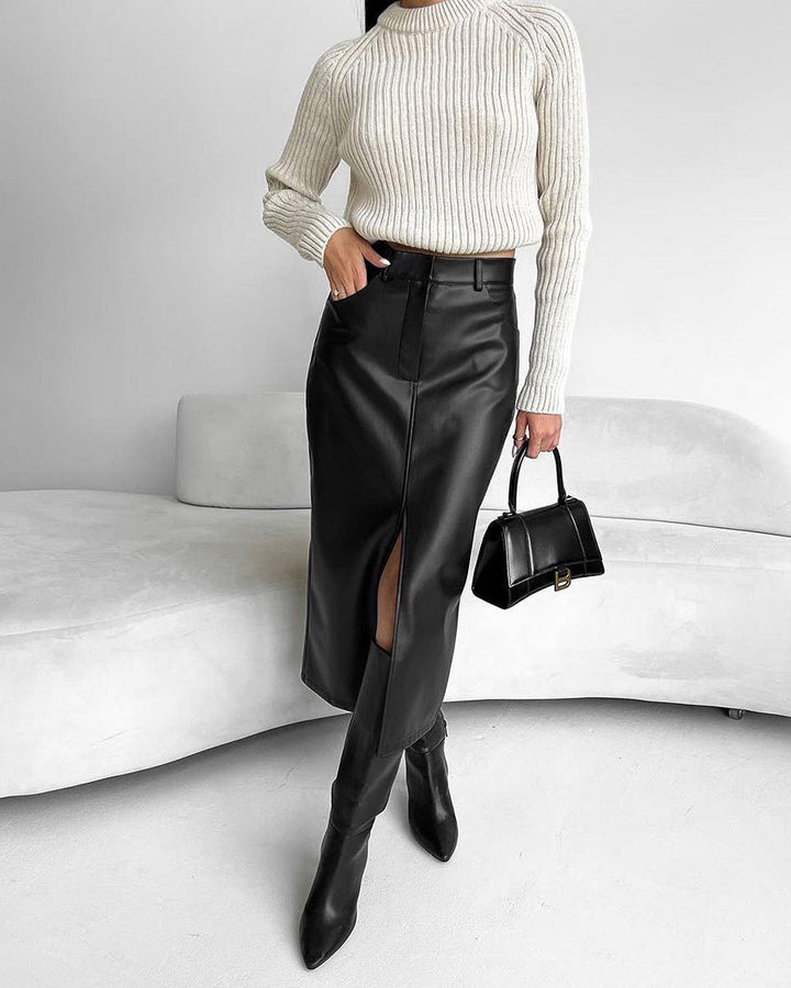 Noir | High Waist Front Split Faux Leather Midi Skirt