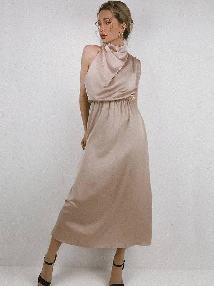 Odessa | Cowl Drape Satin Halter Neck Maxi Dress