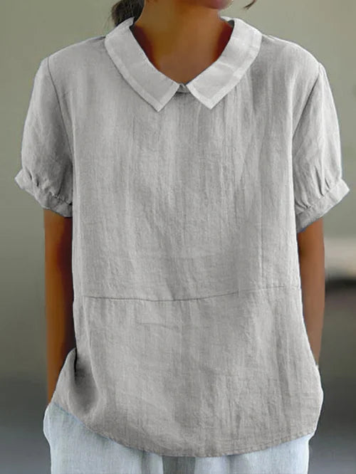 Dovecollar | Contrast Peter Pan Collar Short Sleeve Linen Blouse