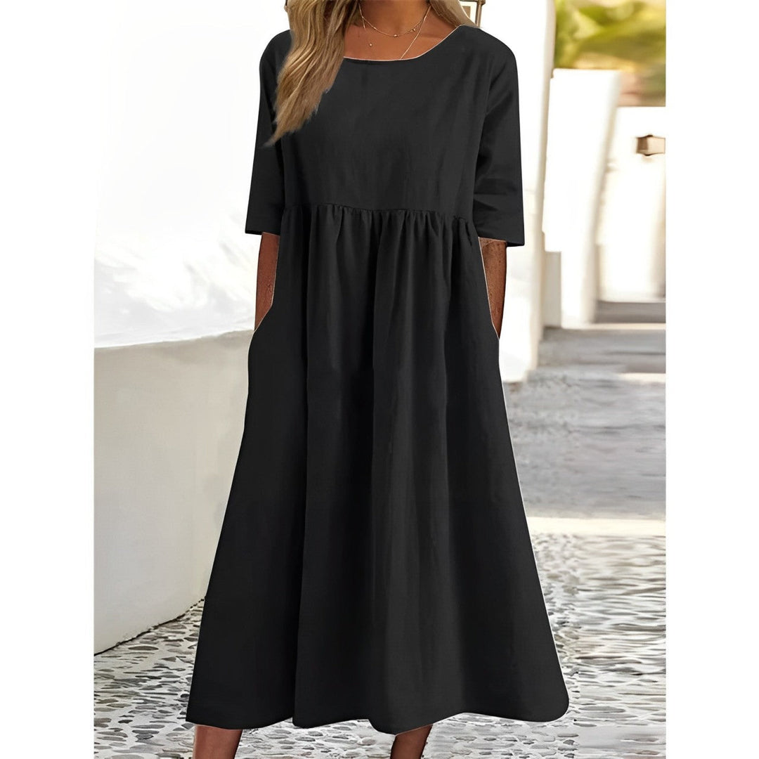 Capri | Gathered Waist Linen Summer Dress with Pockets