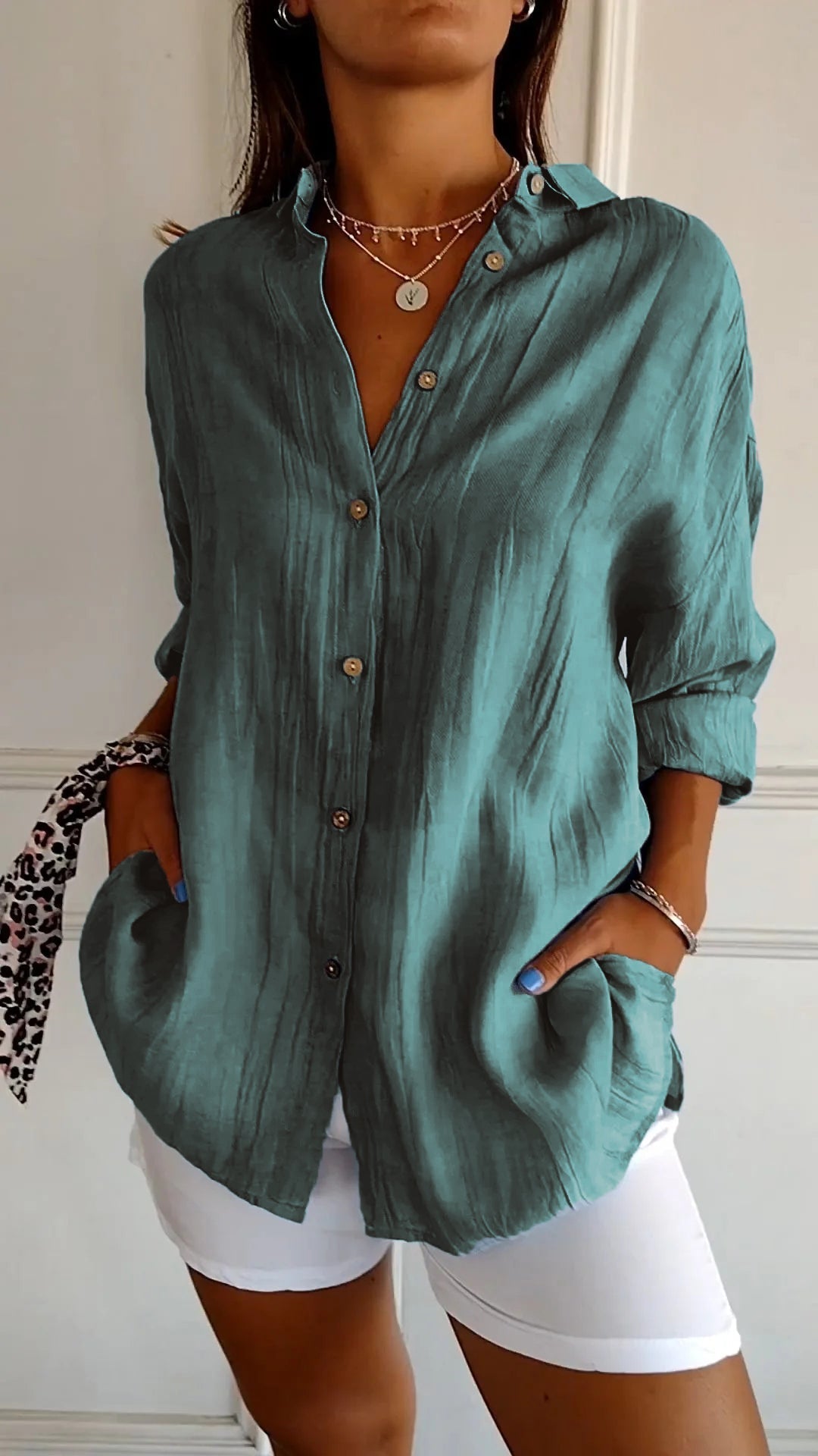 Terracotta Run | Crinkle Texture Button-Up Tunic Blouse